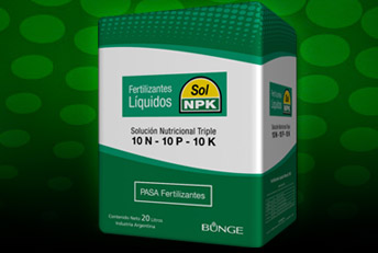 Diseño envase e ilustración 3D caja de fertilizantes líquidos SolNPK de Bunge. Envases en general, bolsas, etiquetas